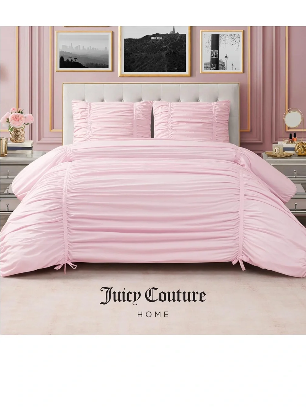 Juicy Couture Ribbon Ruched 3 Piece Full/ Queen Comforter Set, Pink Marshmellow